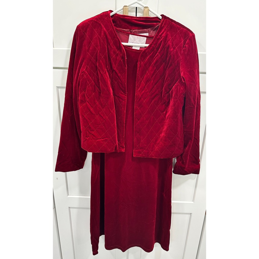 Susan Graver Red Velvet Dress and Quilted Jacket Set XS Holiday Evening Wear